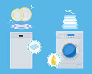 Washer. Dishwasher. Modern household appliances. Cleanliness and comfort in the house. Vector illustration