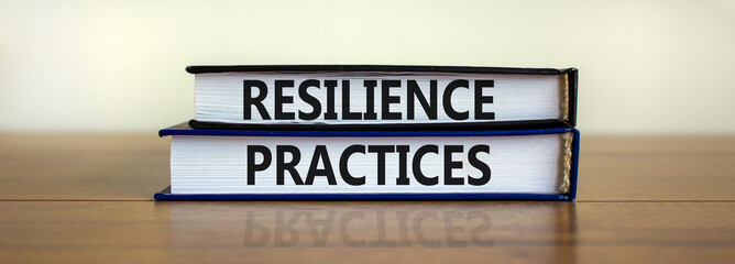 Resilience practices symbol. Books with text 'Resilience practices' on wooden table. Beautiful white background. Business and resilience practices concept, copy space.