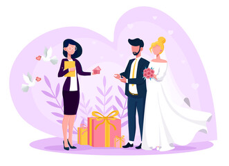 Female event manager presenting event plan for celebration. Concept of celebration or meeting organization.presents and cards. Flat cartoon vector illustration