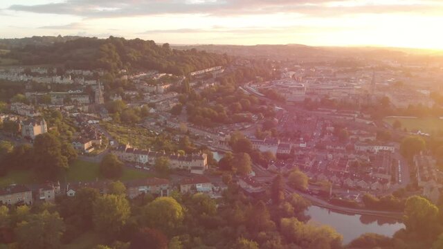 Aerial drone view of town of Bath, Somerset UK, during golden hour