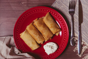 Ukrainian unsweetened nalystnyky crepes stuffed with beef