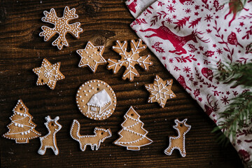dark food christmas butter shortbread gingerbread cookie bisquits with sugar, coconut and cinnamon. Winter holiday baked dessert
