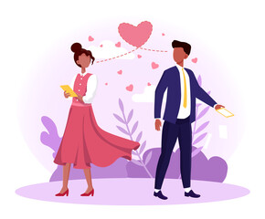 Man and woman falling in love at first sight. Male and female characters saw each other on the city street. Concept of love and relationship. Flat cartoon vector illustration