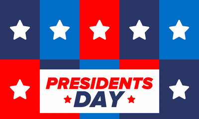 Happy Presidents day in United States. Washington's Birthday. Federal holiday in America. Celebrated in February. Patriotic american elements. Poster, banner and background. Vector illustration