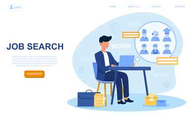 Unemployed male character searching job vacancy. Looking for work or job. Concept of employment service and job interview. Website, web page, landing page template. Flat cartoon vector illustration