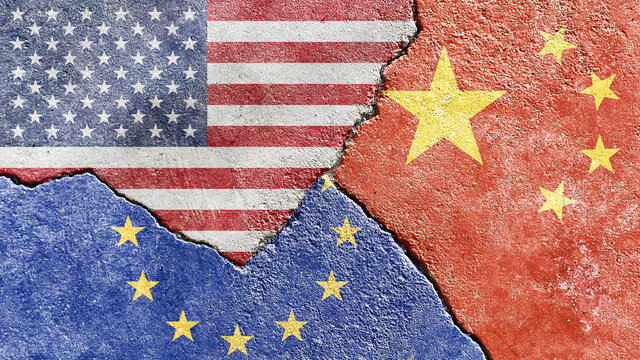 EU, American, and Chinese flag on a cracked wall-politics, war, conflict concept
