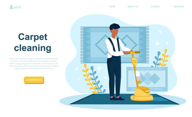 Male character is cleaning carpet. Man in uniform vacuum cleaning carpet and showing commercial equipment. Website, web page, landing page template. Flat cartoon vector illustration