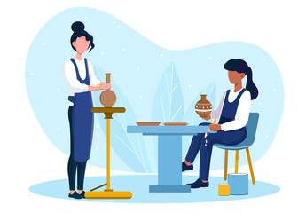 Professional female potter masters making and painting new vases in a workshop. Concept of handmade ceramics creation. Flat cartoon vector illustration
