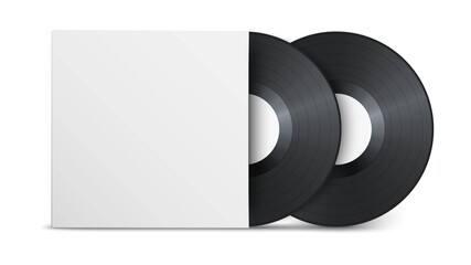 Two realistic vintage vinyl record with white blank cover isolated on white background. Mock up template for your design. Gramophone LP vinyl record with label. Retro design.