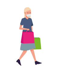 woman wearing medical mask with shopping bag character
