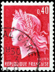Postage stamp issued in the France with the image of the Marianne of Cheffer, circa 1969