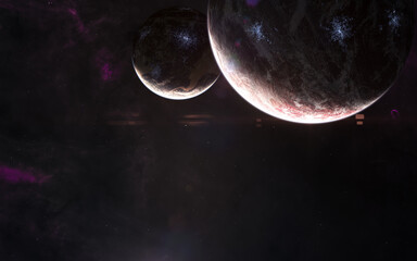 Obraz na płótnie Canvas Inhabited planets against background of deep space nebulae. Science fiction. Elements of this image furnished by NASA