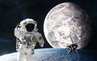 Space station, astronaut on the background of planets in deep space. Science fiction. Elements of...
