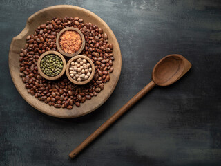 Bowl of various dried legumes. Food background. Overhead shot.