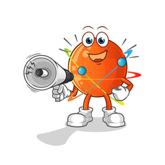 atom holding hand loudspeakers vector. cartoon character