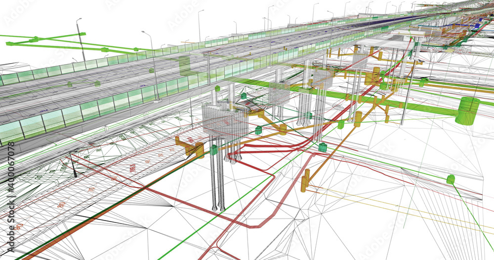 Poster the bim model of the object of transportation infrastructure of wireframe view