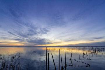 Fototapeta na wymiar Lake in the blue hour of sunset with blue and gold tones in La Albufera de Valencia (Spain)