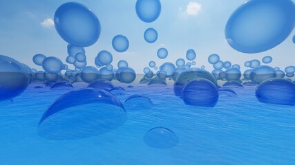 Abstract background of blue bubbles in water 3d render
