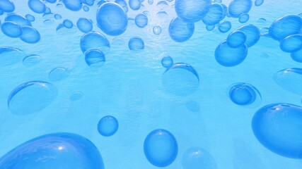 Abstract background of blue bubbles in water 3d render