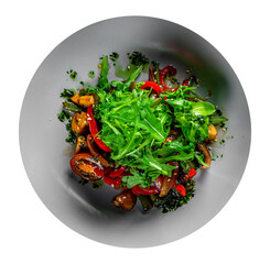 Vegetarian vegetable salad with mushrooms, arugula, tomato, beans and pepper in a bowl isolated on white background