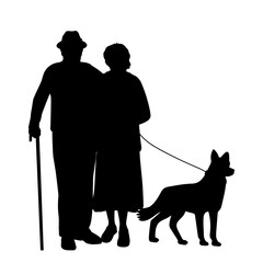 Silhouettes of grandparents with dog