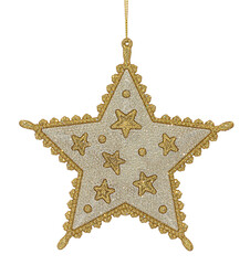 Golden and silver glittering Christmas tree decoration in shape of five-pointed star