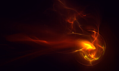 Fototapeta premium Abstract fireball over dark background. Flame in motion. Dynamic hot shape. Thrown ball on fire. Expressive background suits for web design needs.