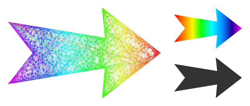 Spectrum colored net mesh arrow right, and solid spectrum gradient arrow right icon. Wire carcass flat net geometric image based on arrow right icon, generated with crossing lines.