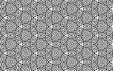 Black and white original geometric background from a pattern of abstract shapes in ethnic Indian traditions in the style of doodling. Vector graphics for design and decor, wallpapers, business cards, 