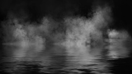 Mystery dinamic fog texture overlays for text or space. Smoke chemistry, mystery effect on isolated background. Stock illustration. Reflection in water.