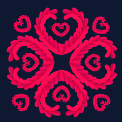 Ornament of eleven scarlet hearts on a dark blue background
