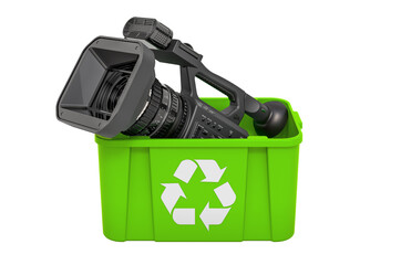 Recycling trashcan with professional video camera, 3D rendering