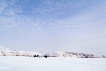 Fototapeta na wymiar winter lake view with snow. frozen lake with winter snow. winter wonderland