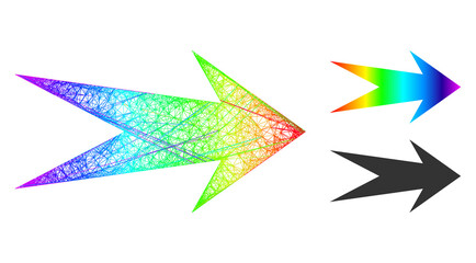 Spectral colorful network arrow right, and solid spectral gradient arrow right icon. Hatched carcass flat network abstract symbol based on arrow right icon, is made from crossed lines.