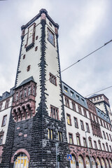 Frankfurt am Main old Tall Franz (Langer Franz), one of the towers located in Romerberg. Mosaic is...