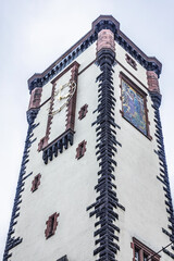 Frankfurt am Main old Tall Franz (Langer Franz), one of the towers located in Romerberg. Mosaic is...
