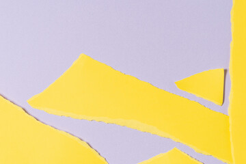 Torn pieces of yellow color paper on light gray background