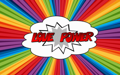 LGBT pop art banner in comic style. Abstract banner with colored rays, and Comic Speech Bubble explosion, free love LGBT. Rainbow or Pride flag. Red title love power. Same sex pride 