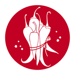 A bunch of hot chili peppers. Vector outline drawing of cayenne peppers. Pods tied with a rope, icon in a circle. Design element for condiments or sauces.