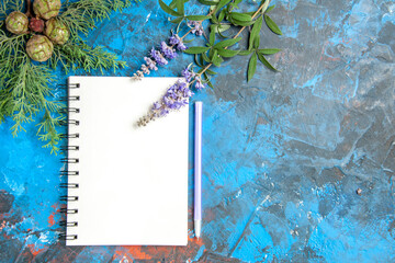 top view a notebook a pen purple flower and pine tree branches on blue background free space