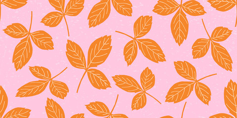 Orange foliage seamless pattern with leaves. Trendy print with hand drawn plants illustration. Nature pink pastel textured ornament for textile, fabric, wallpaper, surface design