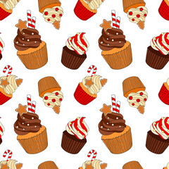 Seamless pattern with Christmas colorful cupcakes with cream and xmas decor on white background. Vector