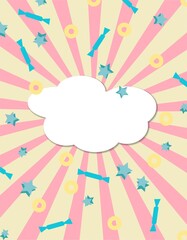 Greeting invited card for children with an empty cloud for text on a pink cover background with yellow rays of the sun. Candy, sweets, corn flakes, corn rings. Soft colors yellow, blue