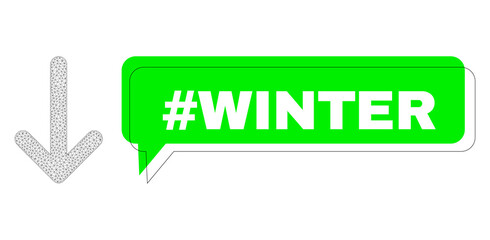 Misplaced #Winter green chat banner and arrow down wireframe structure. Vector 2d arrow down, built from flat mesh. Green chat has #Winter title inside black frame, and colored cloud.