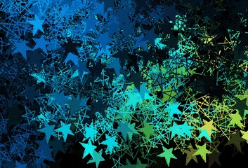 Dark Blue, Green vector template with ice snowflakes, stars.