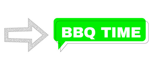 Shifted BBQ Time green text banner and arrow right mesh composition. Vector flat arrow right, built from flat mesh. Green conversation has BBQ Time tag inside black frame, and color balloon.