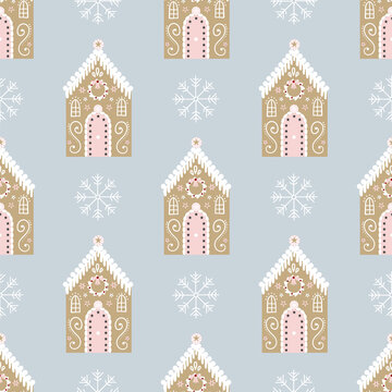 Vector illustration gingerbread house and snowflakes seamless repeat pattern on a light blue background.