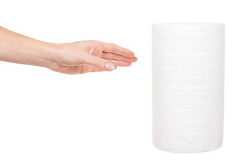 Hand with roll of paper towel isolated on white background.