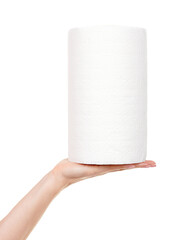Hand with roll of paper towel isolated on white background.