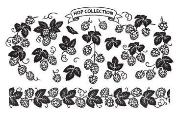 Hop branches with cones and leaves seamless border. Hand drawn vector illustration isolated on white background.